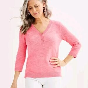 Croft & Barrow 3/4 Sleeve V-neck Henley Pullover Sweater in Pink Women's 2X